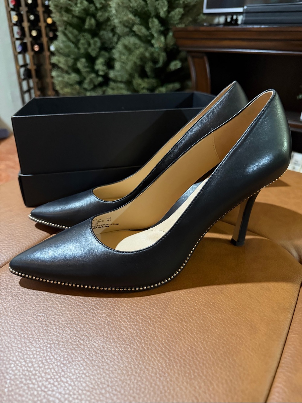 Coach Black Leather Pointed-Toe Pumps with Studded Trim